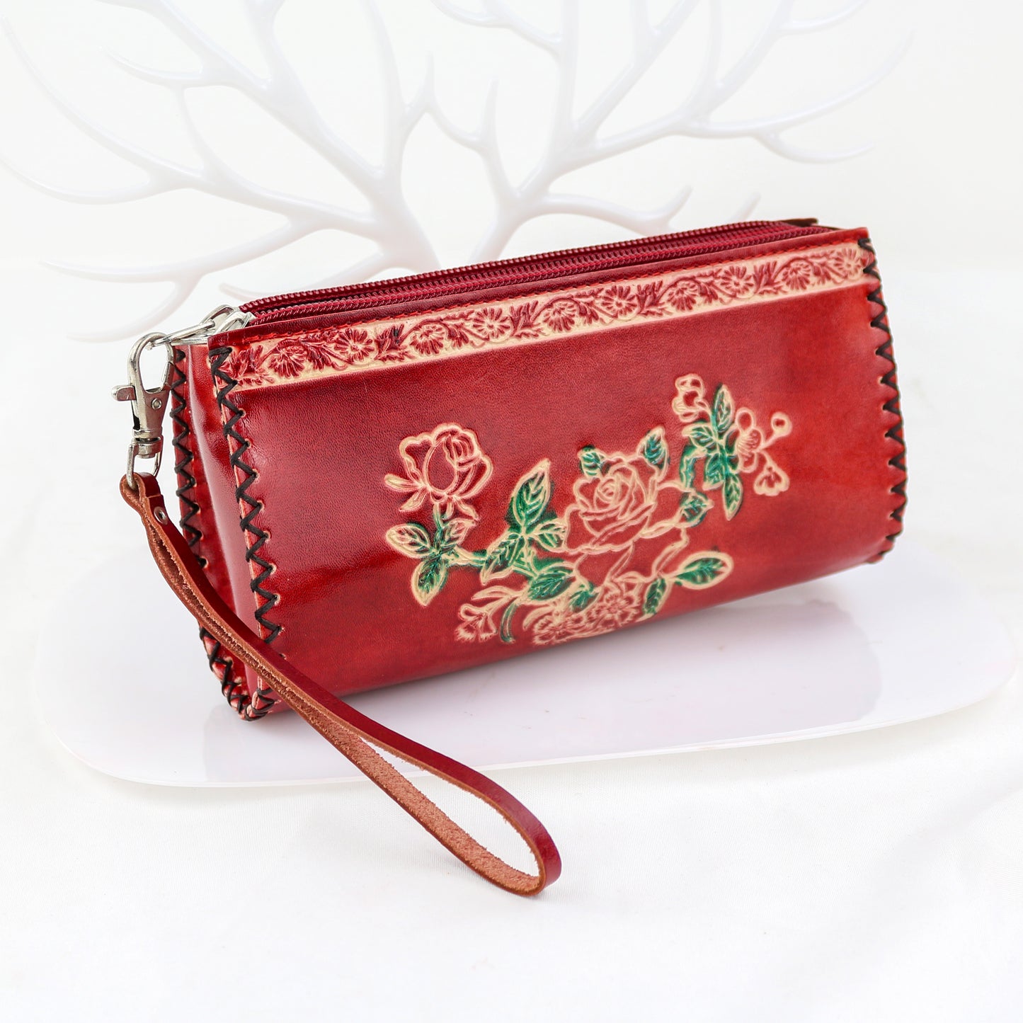 Hand-made leather double zipper clutch bag