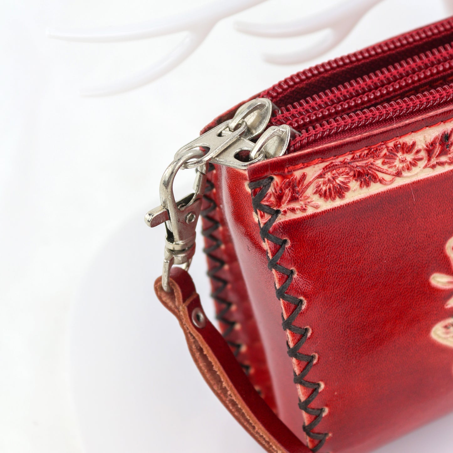 Hand-made leather double zipper clutch bag