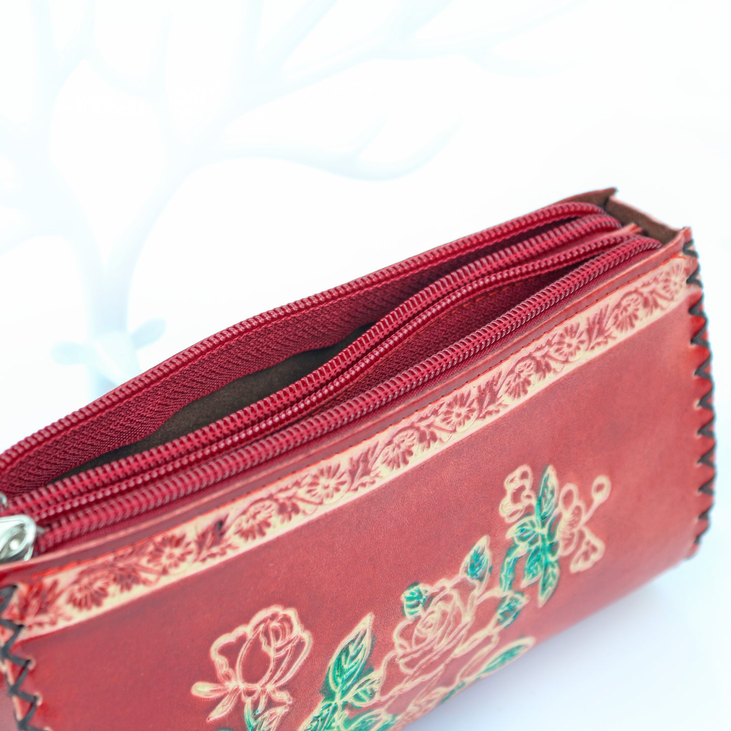 Hand-made leather double zipper clutch bag