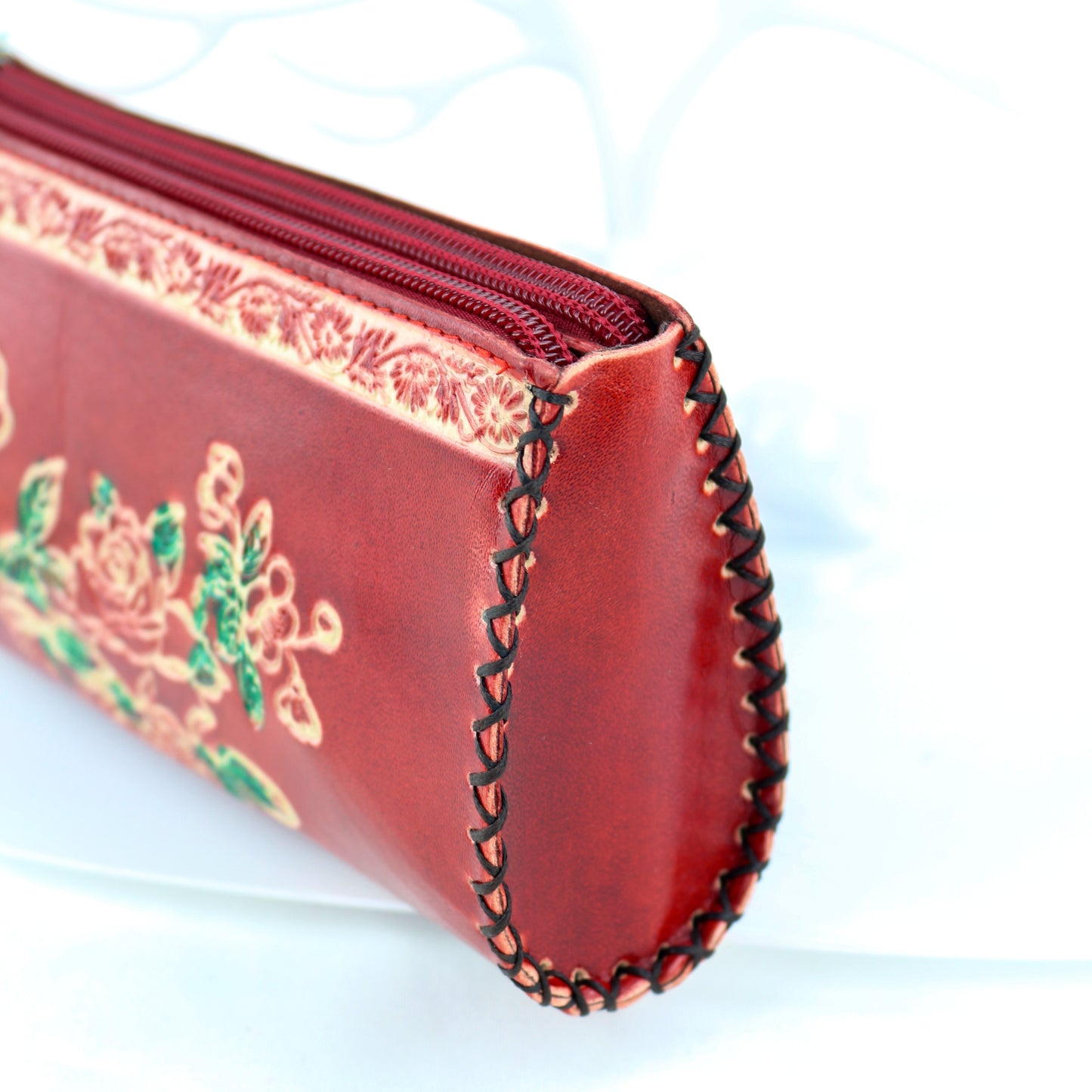 Hand-made leather double zipper clutch bag